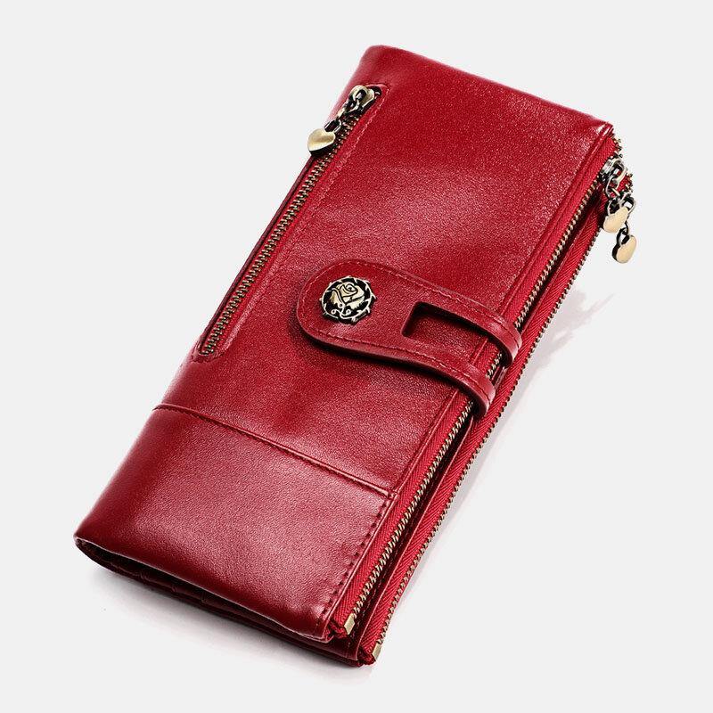 Women Genuine Leather Rfid Antimagnetic Multi-slots 14 Card Slots Zipper Bifold Long Wallet