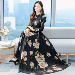 Women's Long-sleeved Waist Slimming Printed Dress