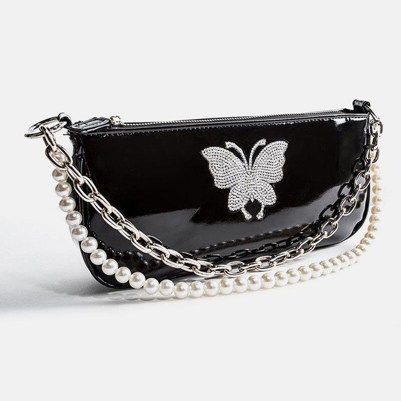 Bolso cuadrado pequeño con patrón de mariposas y cadena de diamantes de imitación con perlas de cuero PU para mujer, bolso de hombro 