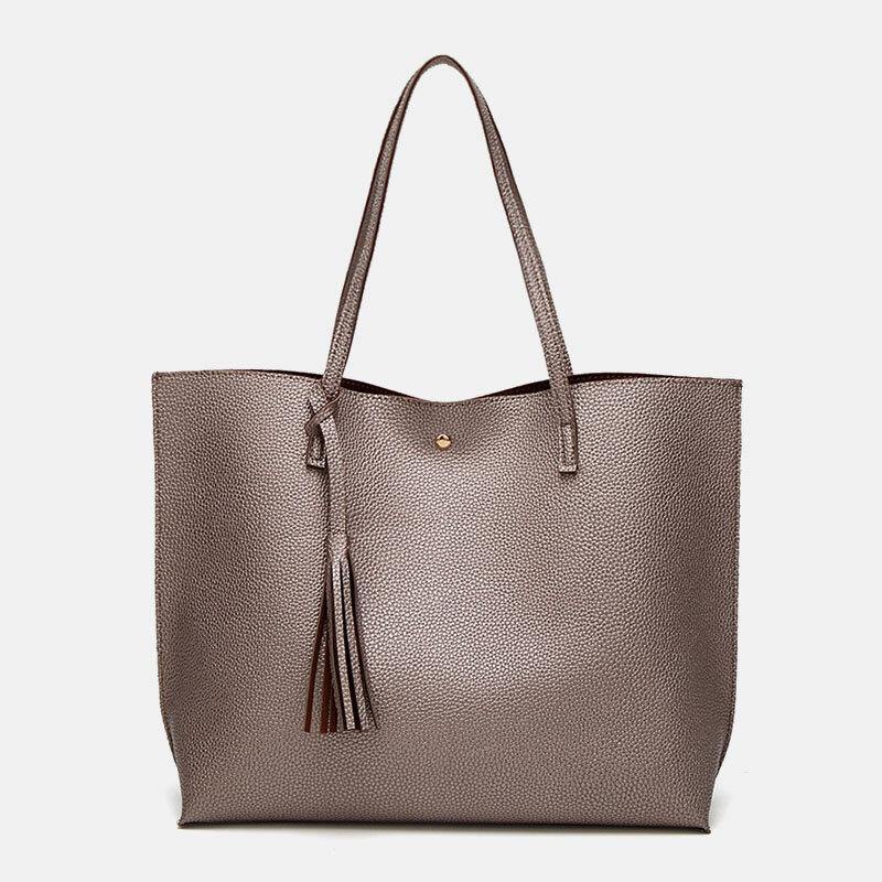 Women PU Leather Lychee Pattern Large Capacity Casual Tassel Solid Tote Shoulder Bag Handbag