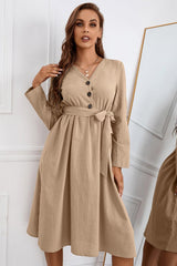 Half Button Tie Waist Dress