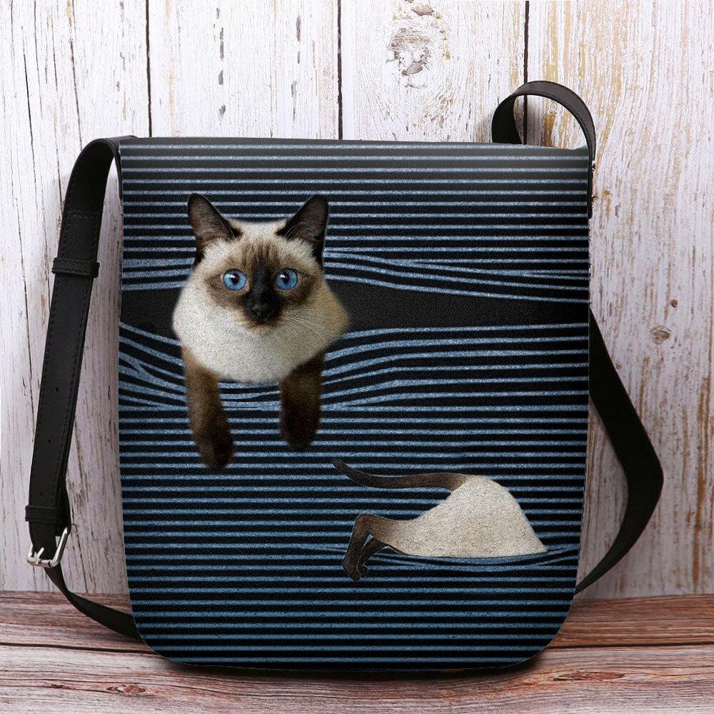 Women Felt Cute Cartoon Cat Stripes Pattern Multi-carry Crossbody Bag Shoulder Bag