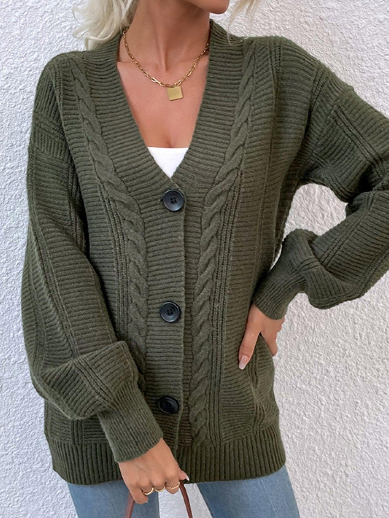 Zopfmuster-Cardigan mit Knopfleiste und geripptem Saum