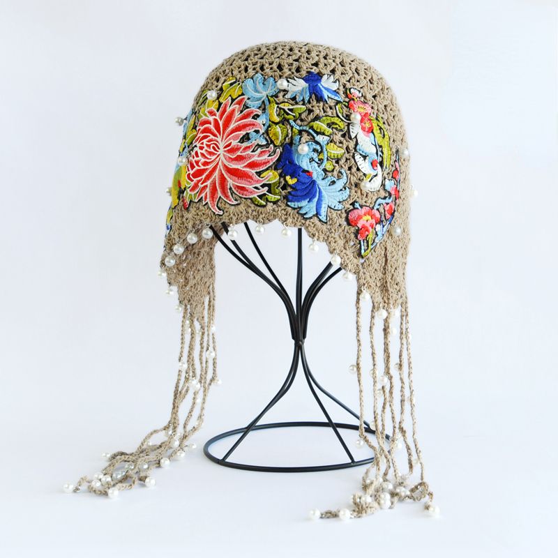 Ethnic style embroidered knitted hat Women's spring and summer versatile ear protection hat