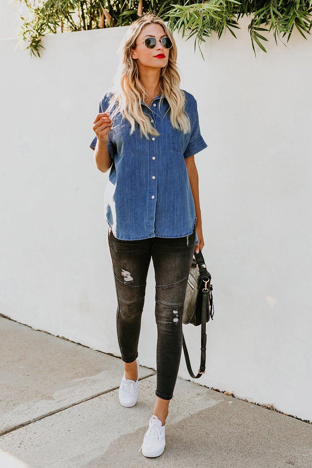 Collar Short Sleeve Denim Shirt