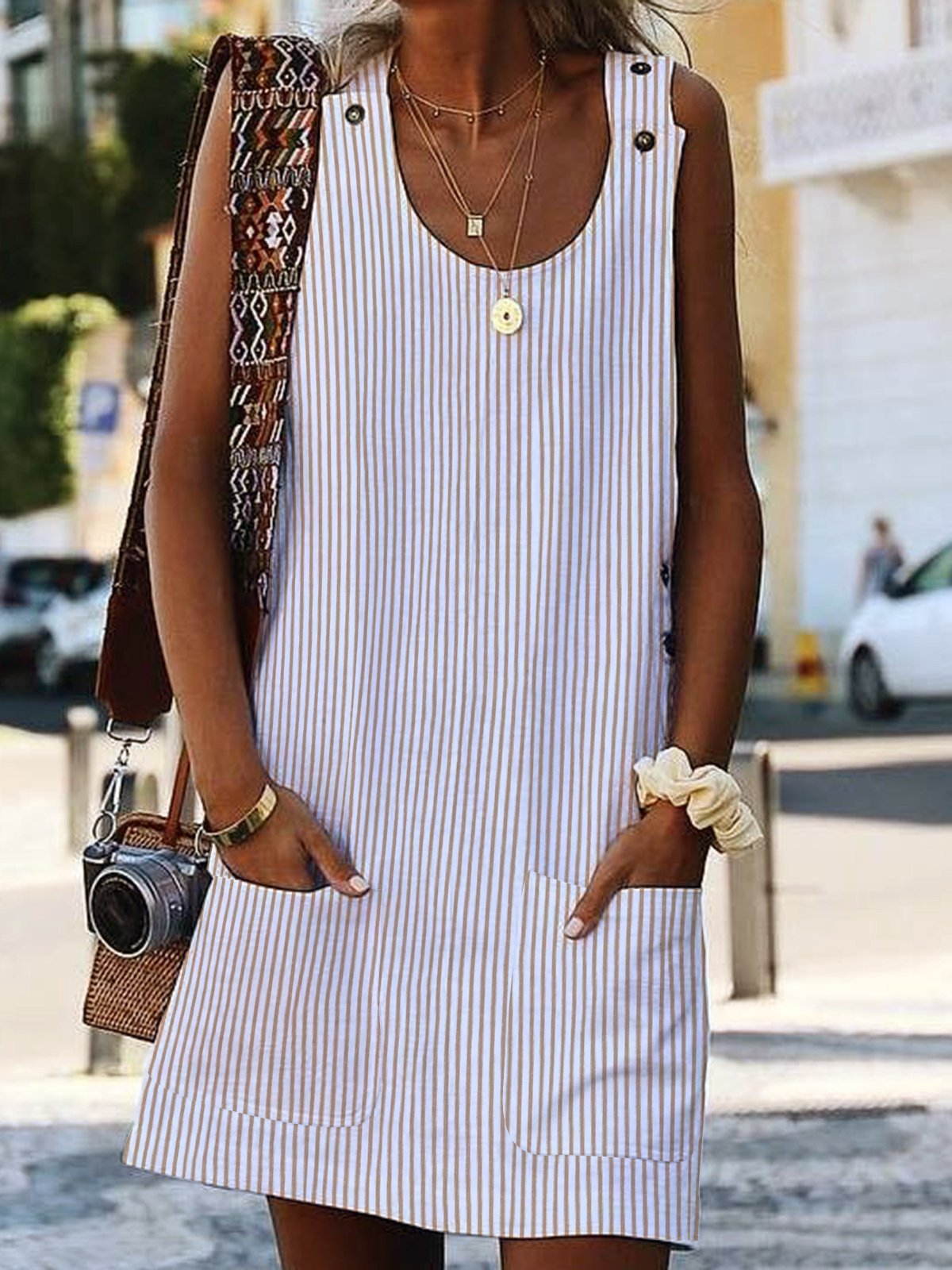 Striped button pocket dress