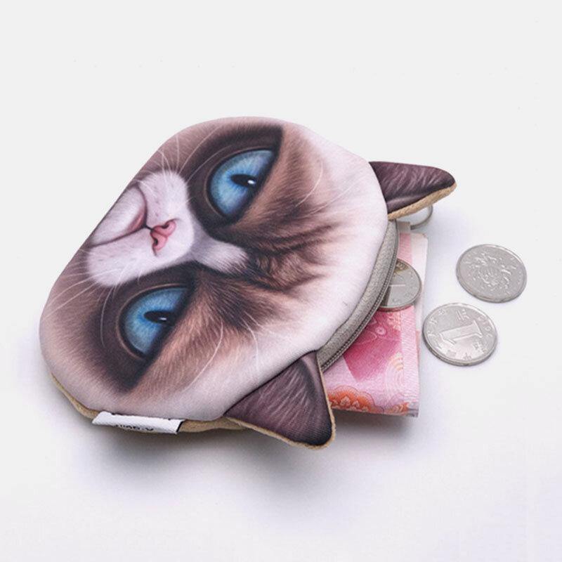 Women Cartoon 3D Cat Head Personality Cute Small Storage Bag Coin Bag