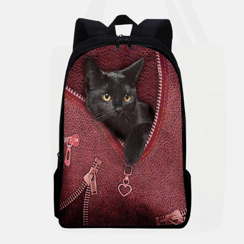 Frauen Oxford Patchwork Große Kapazität Cartoon Katze Reißverschluss Muster Druck Rucksack 