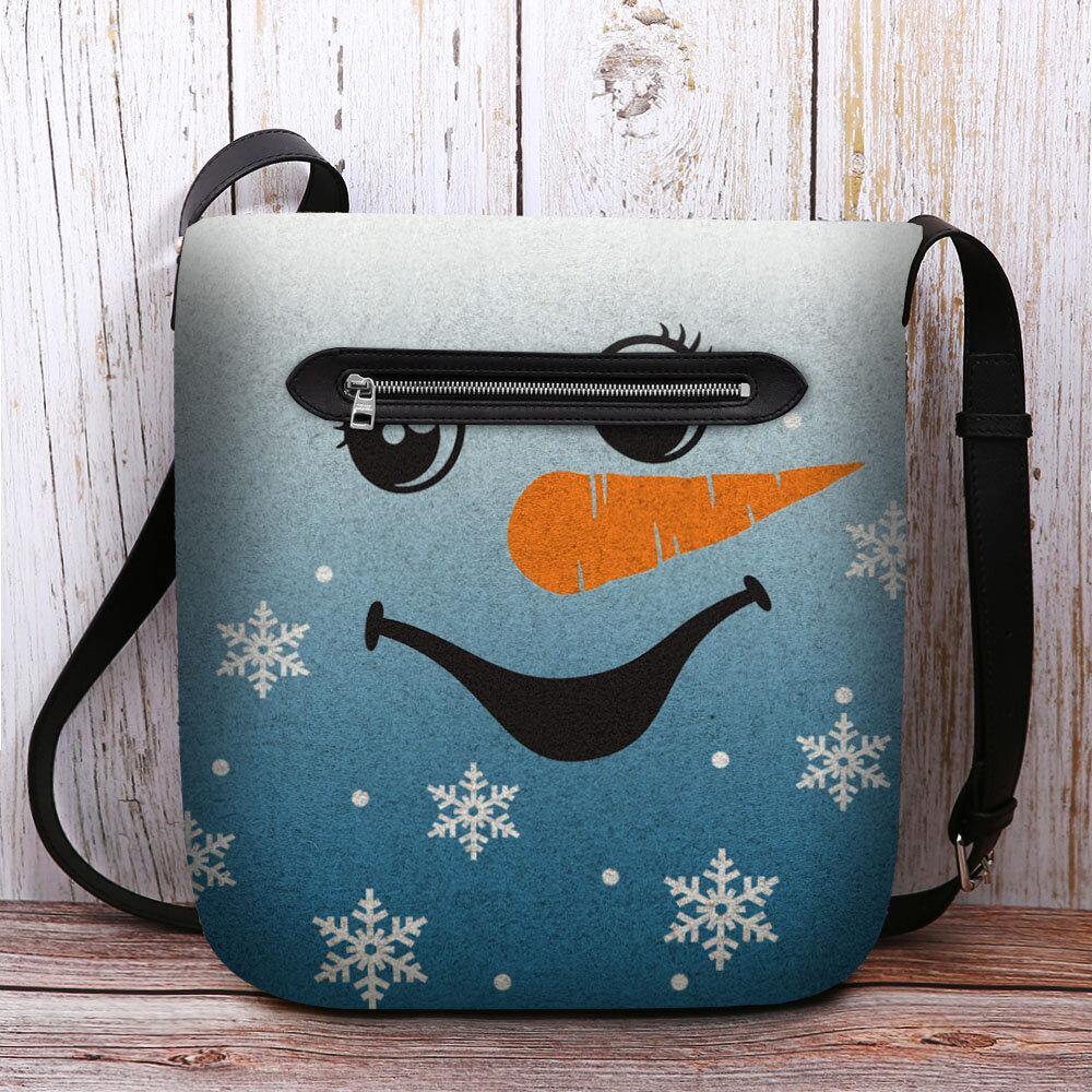 Bolso bandolera con estampado de copos de nieve y muñeco de nieve con sonrisa navideña festiva para mujer 