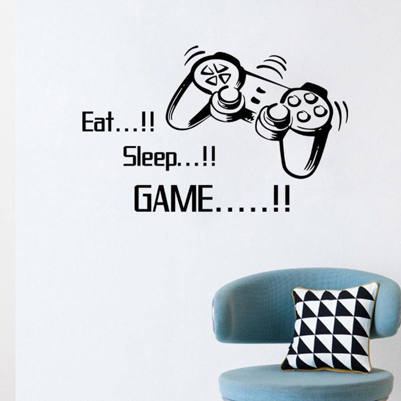 Creative Art Game Handle Wall Stickers "EAT SLEEP GAME" Black Vinyl Removable Printed Game Lovers Bedroom Wall Stickers Hot Play Game Handle Living Room Bedroom Personality Decoration Wall Stickers