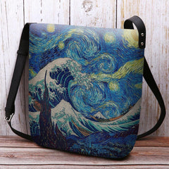 Women Felt Sea Wave Starry Sky Pattern Oil Painting Style Prints Crossbody Bag Shoulder Bag