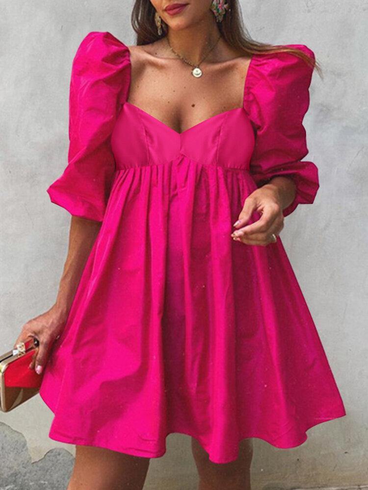 Puff Sleeve Casual Solid Pleating Summer Holiday Dress For Women