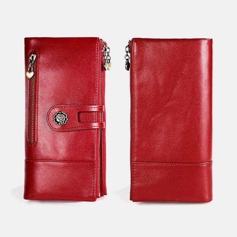 Women Genuine Leather Rfid Antimagnetic Multi-slots 14 Card Slots Zipper Bifold Long Wallet