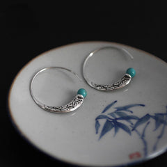 Blue Tibetan Silver National Handmade Retro Style Earrings Carved Turquoise Chinese Style Earrings