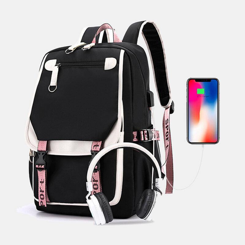 Women Printing USB Charging Large Capacity Backpack Student School Bag