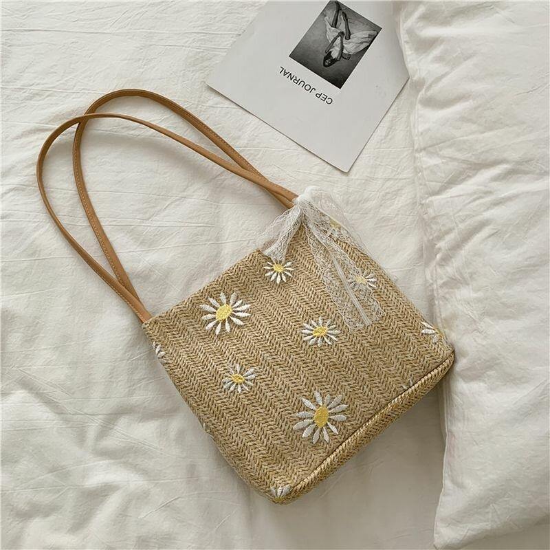 Bolso de hombro de gran capacidad con estampado de margaritas y girasoles de encaje de paja para mujer 