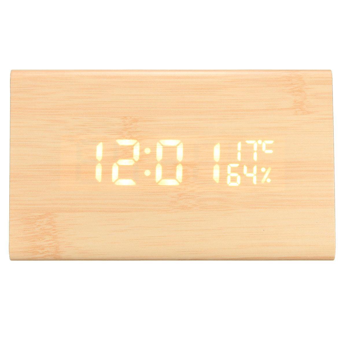 USB Voice Control Wooden Wooden Triangle Temperature LED Digital Alarm Clock Humidity Thermometer