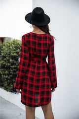 Gingham Tie Waist V Neck Dress