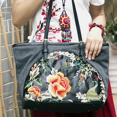 Bolso de mano de gran capacidad con bordado Floral de estilo étnico de lona para mujer 