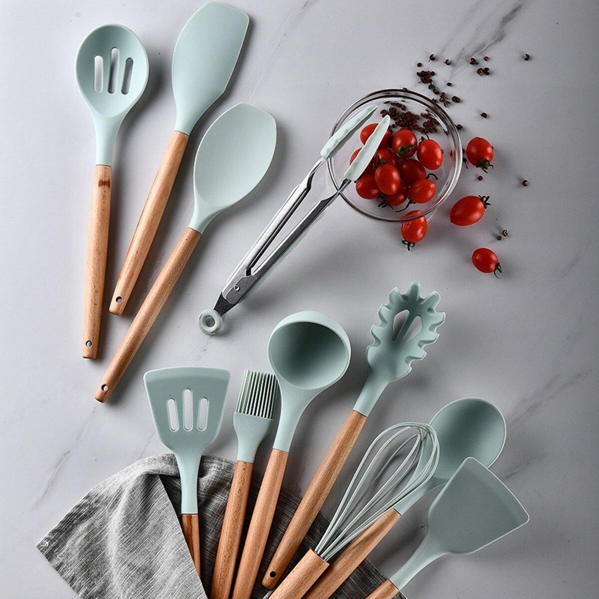 12pcs Wooden Silicone Kitchen Utensil Nonstick Cooking Tool Spoon Soup Ladle Turner Spatula Tong Cookware Baking Gadget