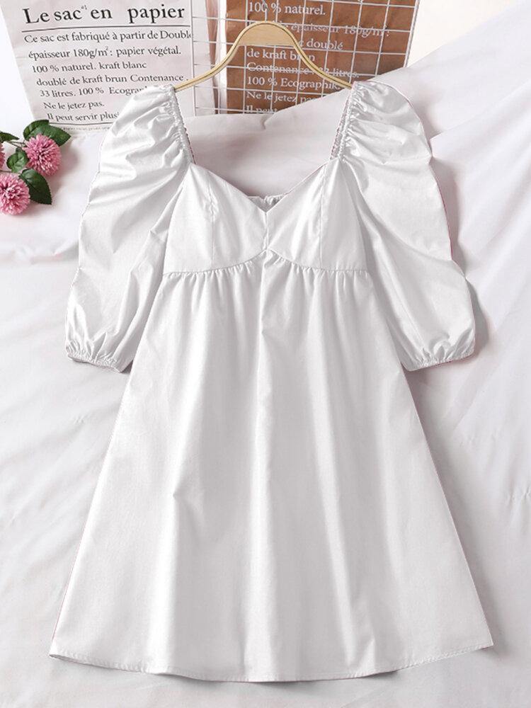 Puff Sleeve Casual Solid Pleating Summer Holiday Dress For Women