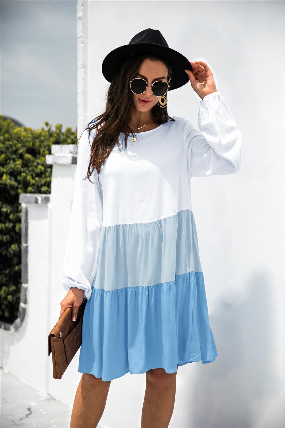 Color Block Long Sleeve Tiered Dress