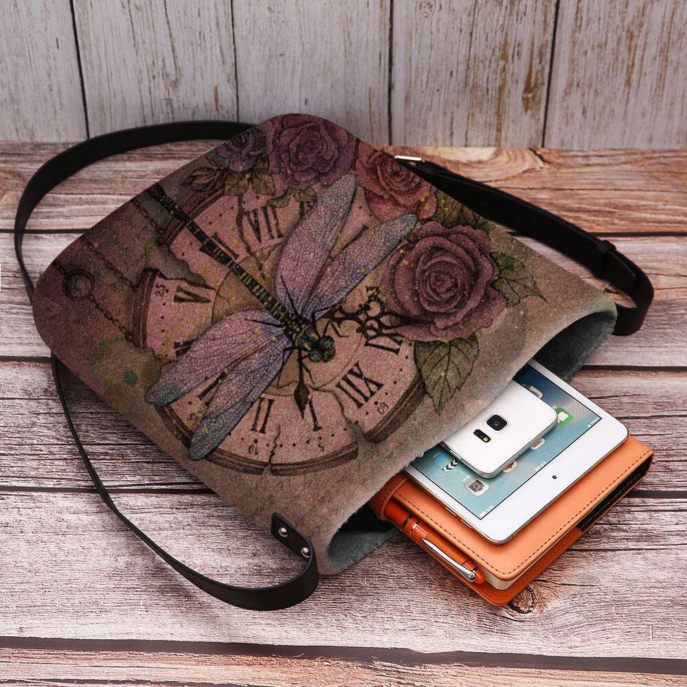 Bolso bandolera con estampado de flores de libélula 3D Vintage informal de fieltro para mujer 