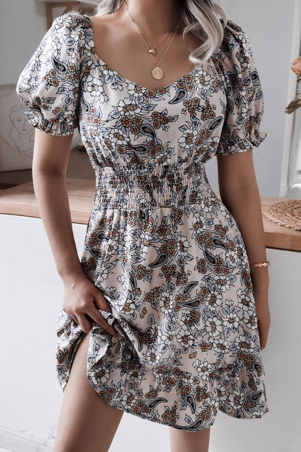 Floral Smocked Waist Puff Sleeve Dress