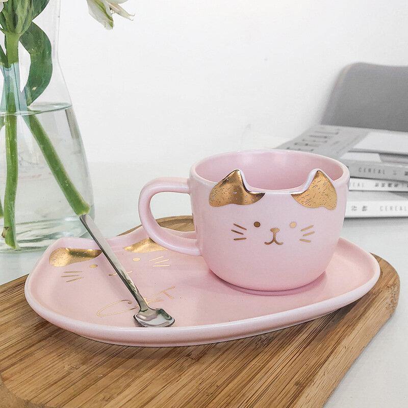 Taza de café de cerámica dorada para gatos de 200ML, plato para restaurante con plato, taza de agua, taza de oficina, taza de té 