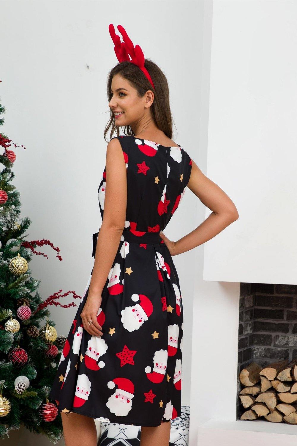 Christmas Print Tie Waist Dress