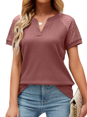 Women’s T-Shirts Solid Color Lace Hollow V-Neck Ruffle Sleeve Casual T-Shirt