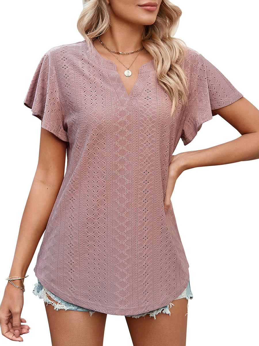 Women’s T-Shirts Solid Color Hollow V-Neck Ruffle Sleeve Casual T-Shirt