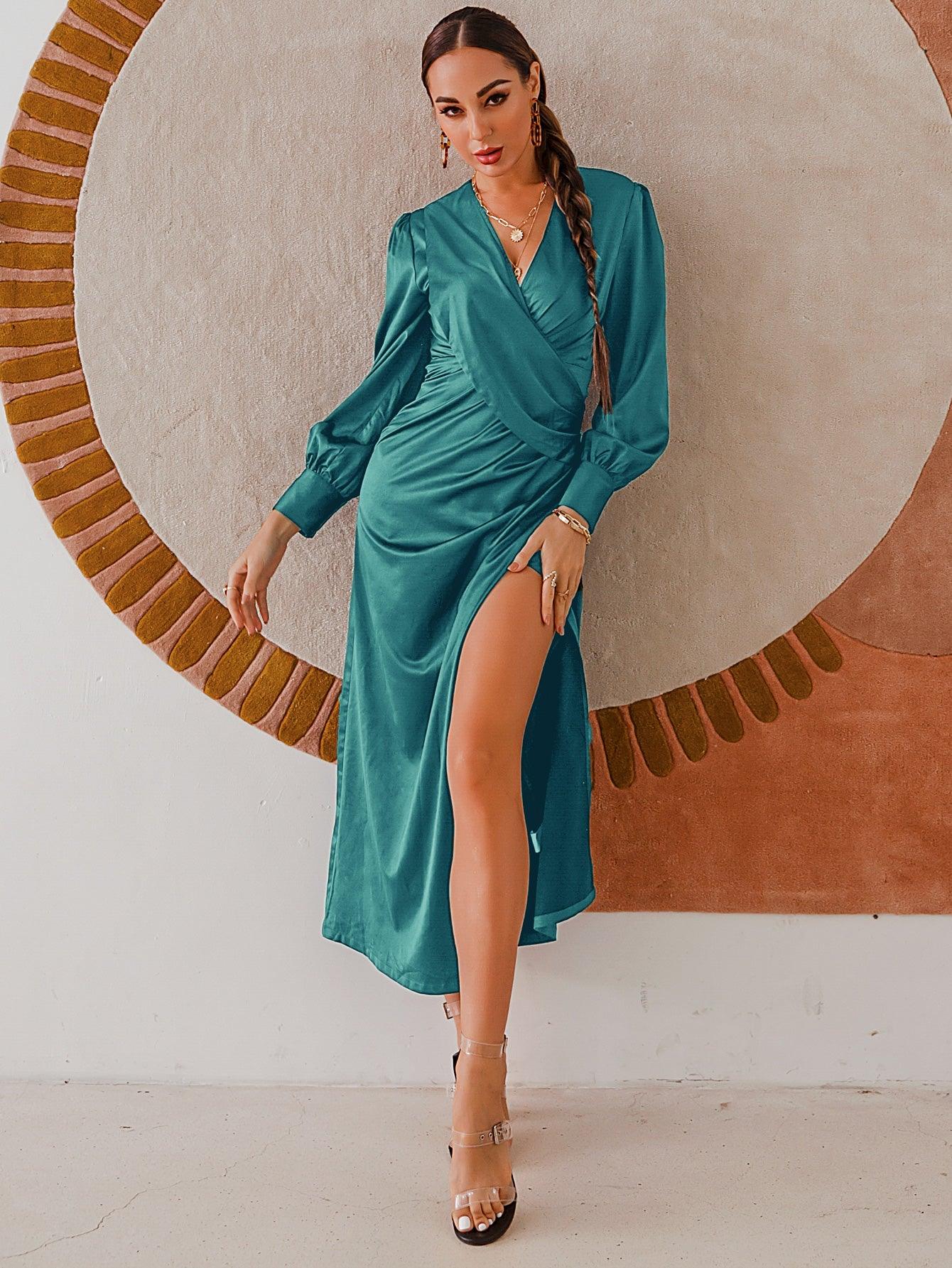 Split Hem Surplice Midi Dress