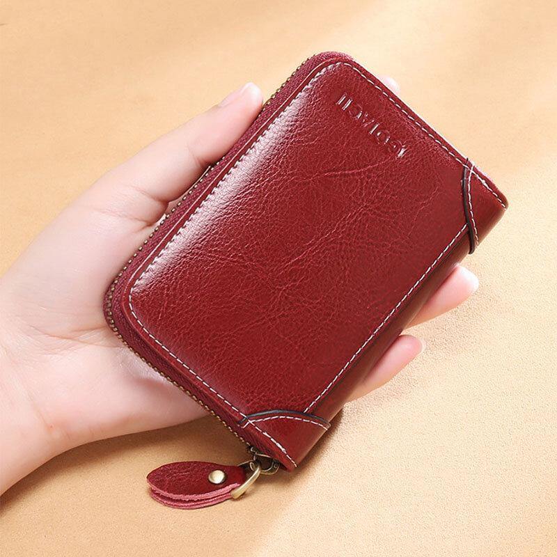 Women 12 Card Slots Rfid Genuine Leather Short Zipper Coin Purse Wallet