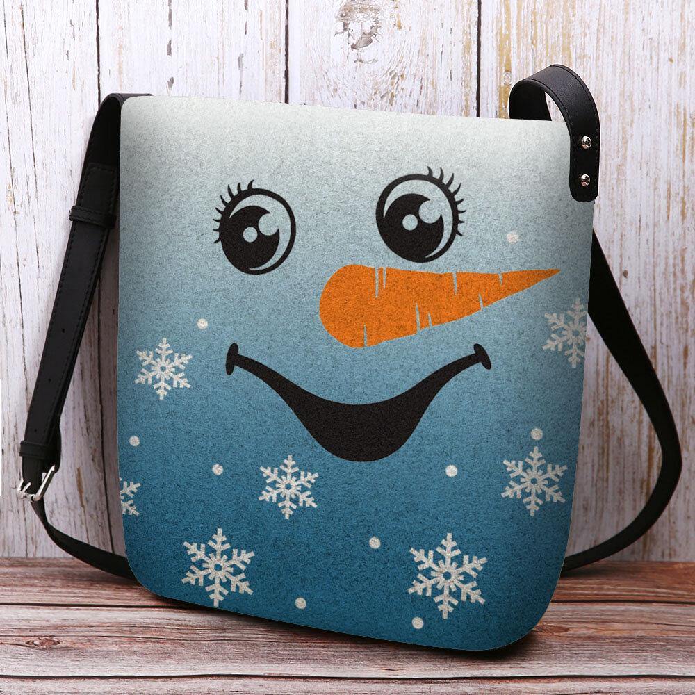 Bolso bandolera con estampado de copos de nieve y muñeco de nieve con sonrisa navideña festiva para mujer 