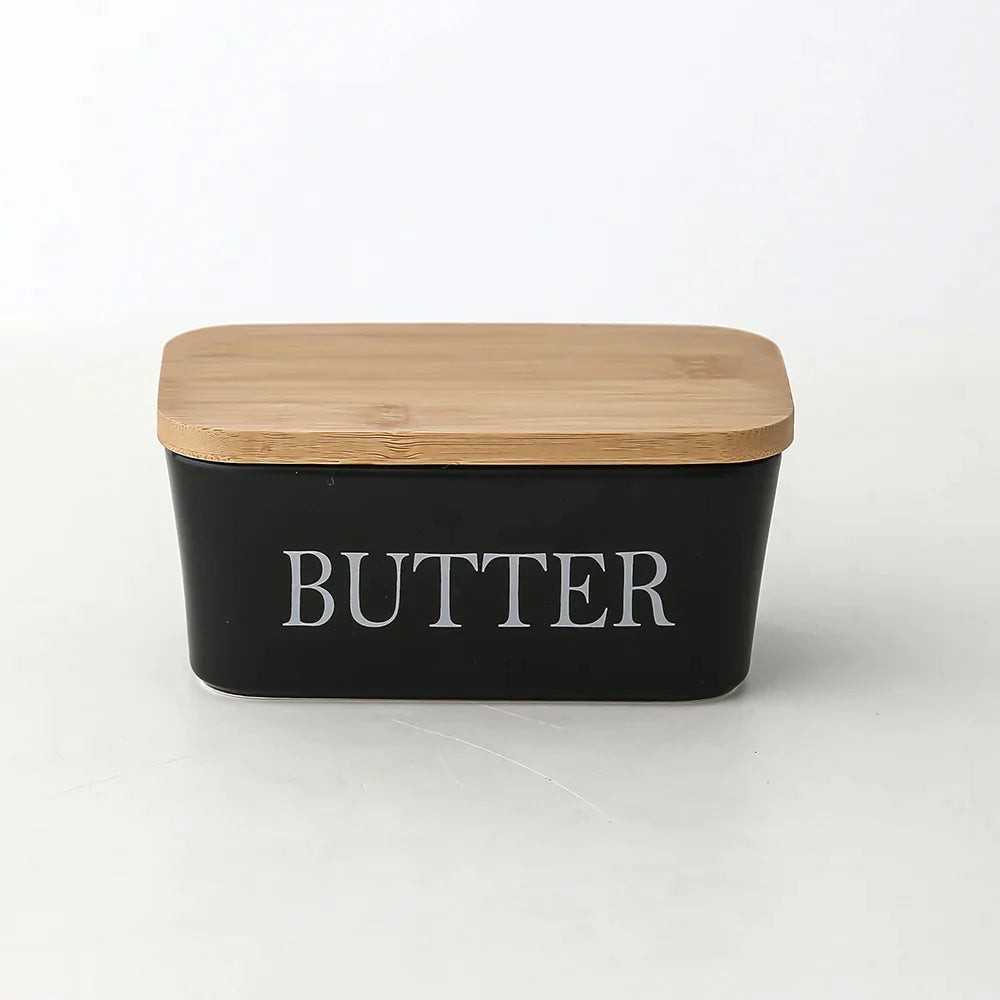 Porcelain Butter Dish with Bamboo Lid - Covered Butter Dish with Butter Knife for Countertop