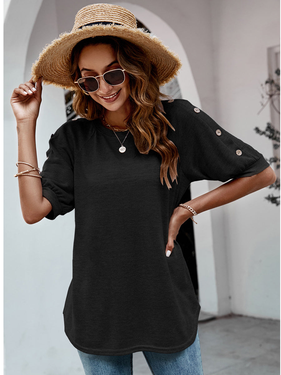 Women's T-Shirts Loose Round Neck Button Casual Half-Sleeve T-Shirt