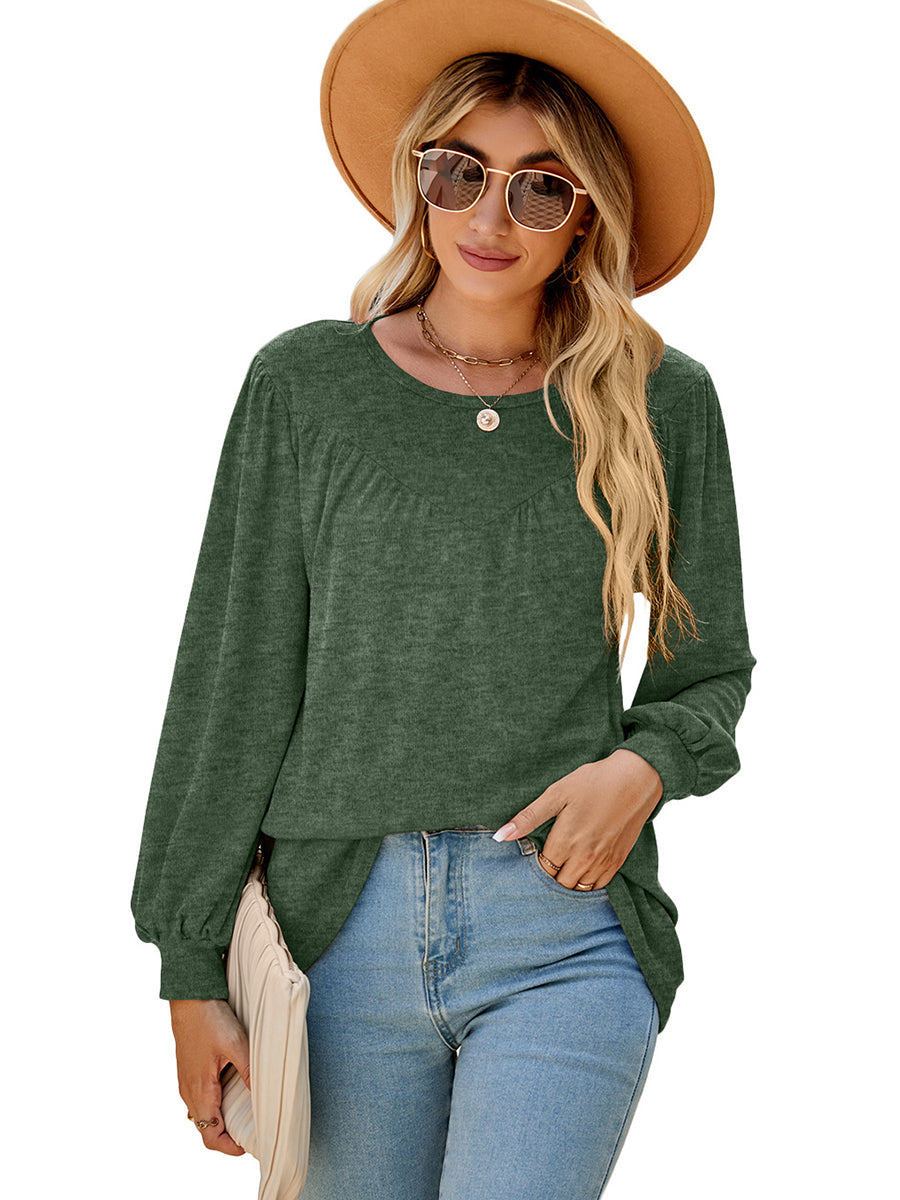 Women’s T-Shirts Lantern Sleeve Round Neck Long Sleeve Casual T-Shirt