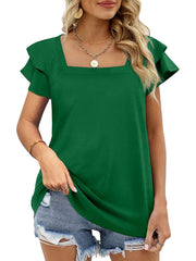 Women’s T-Shirts Solid Color Square Neck Double Layer Petal Sleeve T-Shirt