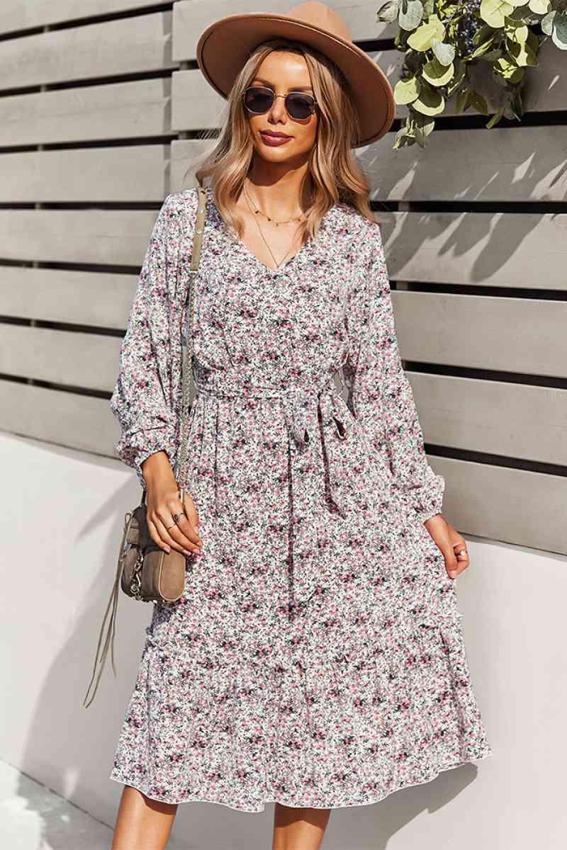 Floral V-Neck Ruffle Swing Dress