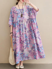 Casual Floral Printed Loose Fit O-Neck Maxi Dress For Women