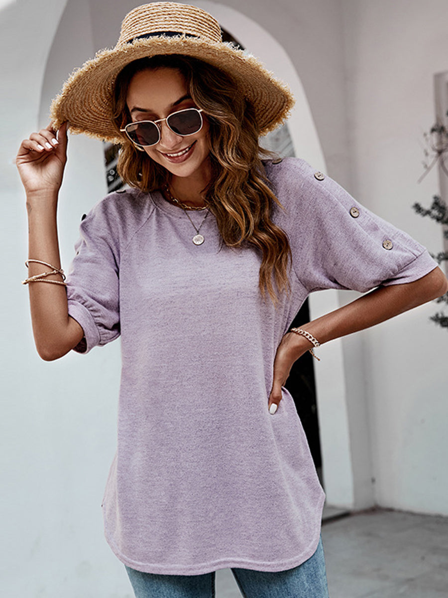 Women's T-Shirts Loose Round Neck Button Casual Half-Sleeve T-Shirt