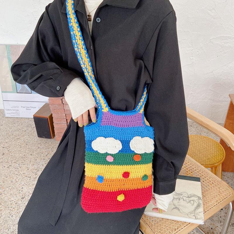 Bolso de punto de lana para jóvenes con dibujos animados de rayas de arcoíris para mujer, bolso de mano, bandolera 