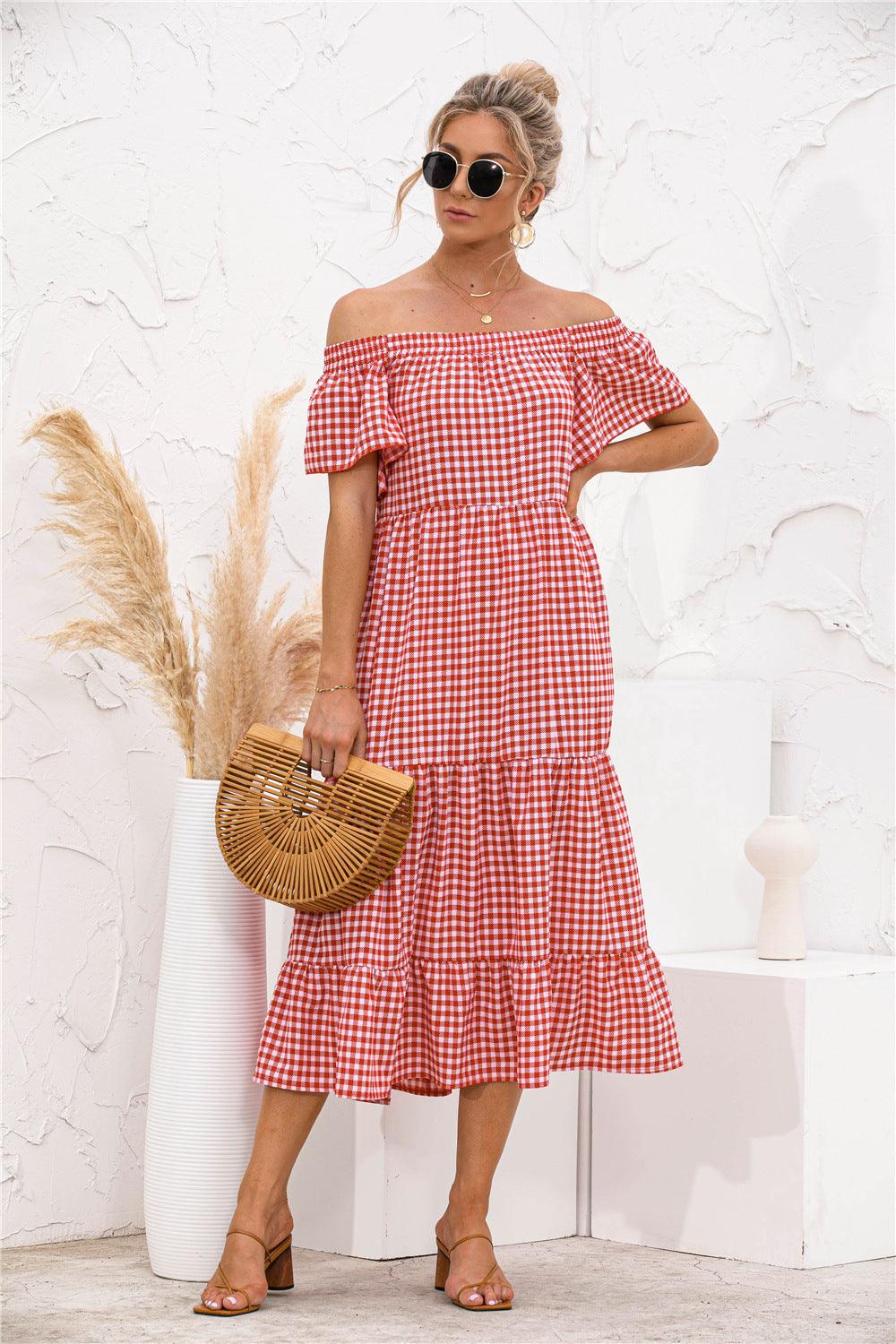 Plaid Off Shoulder Tiered Dress