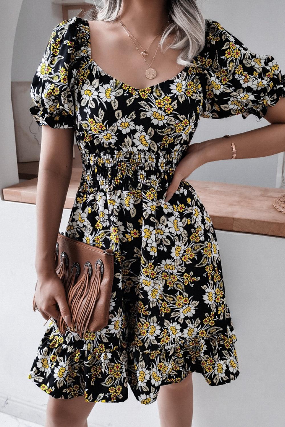 Floral Smocked Waist Puff Sleeve Dress