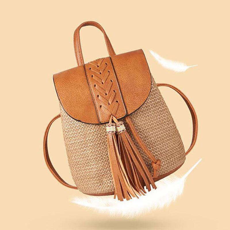 Frauen Quaste Stroh Tasche Retro Strand Tasche Rucksack Eimer Tasche 