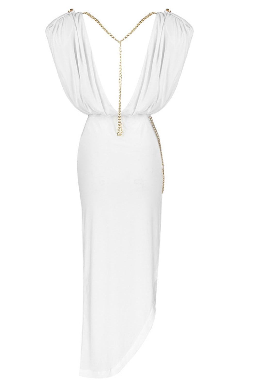 Cap-Sleeve V-Back Chain Detail Asymmetrical Dress