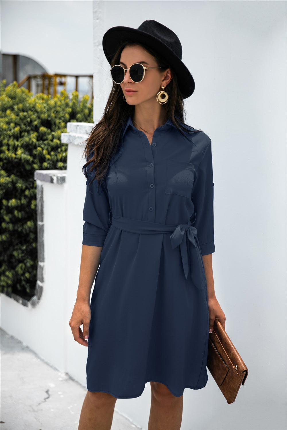 Button down Tie Waist Shirt Dress