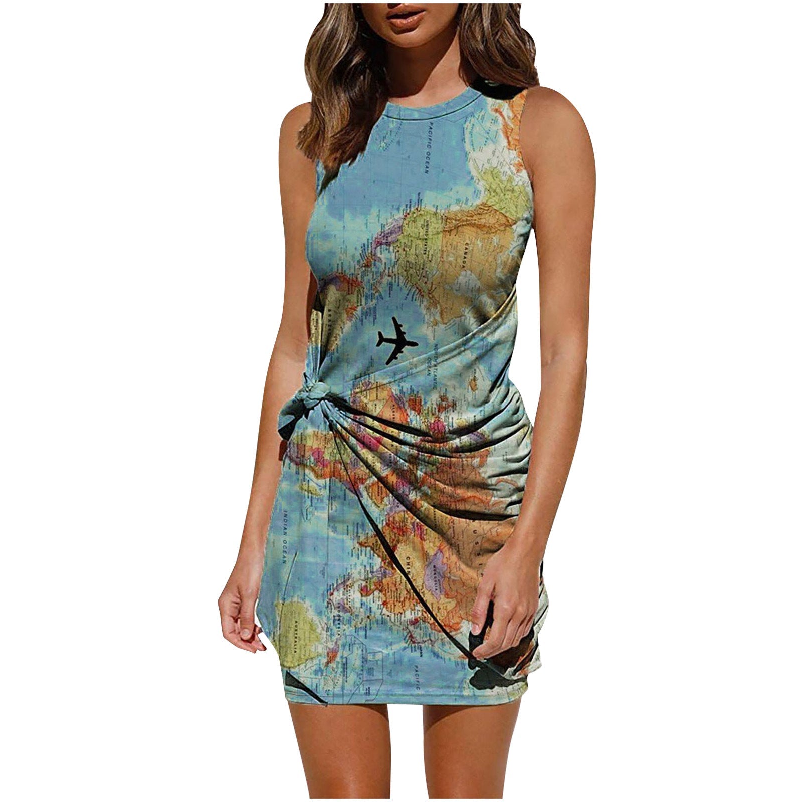 Sleeveless Round Neck Wrapped Hip Body Printed Dress