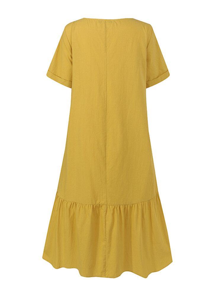 Cotton Women Solid Color Ruffles Round Neck Short Sleeve Casual Dresses